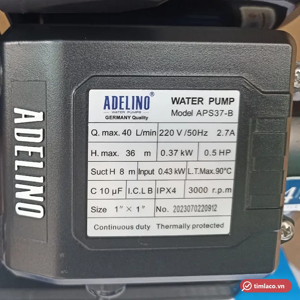 Tem nhãn máy bơm Adelino APS37-B: 40 L/min, 36 m, 0,37 kW, 0,5 HP