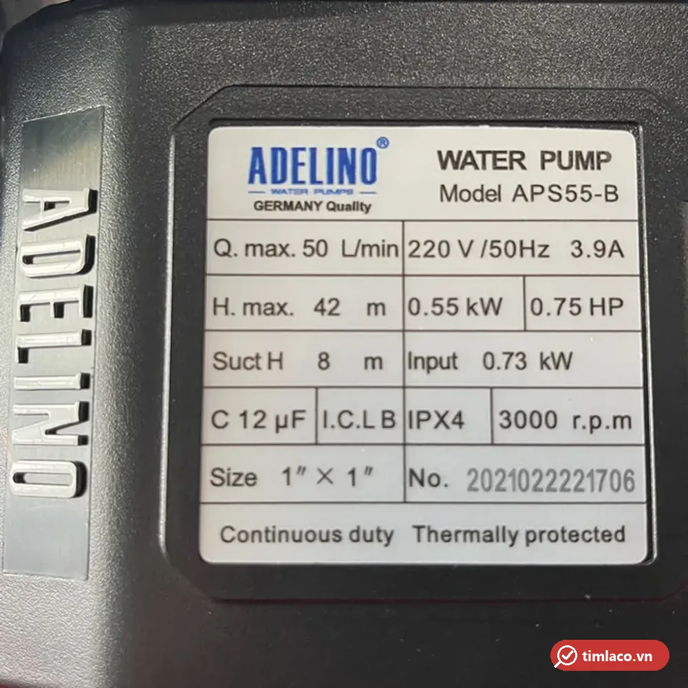 Tem nhãn máy bơm Adelino APS55-B: 50 L/min, 42 m, 0,55 kW, 0,75 HP