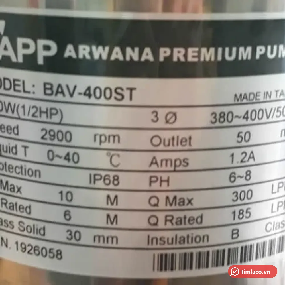 Tem nhãn máy bơm APP BAV-400ST: 400W 1/2HP, 3 pha 380-400V, 1,2A, cột áp 6-10 m