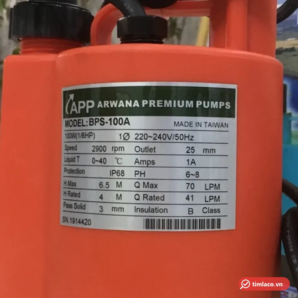Tem nhãn máy bơm APP BPS-100A: 100W 1/6HP, 220-240V, họng xả 25 mm, cột áp 4-6,5 m, lưu lượng 41-70 lít/phút