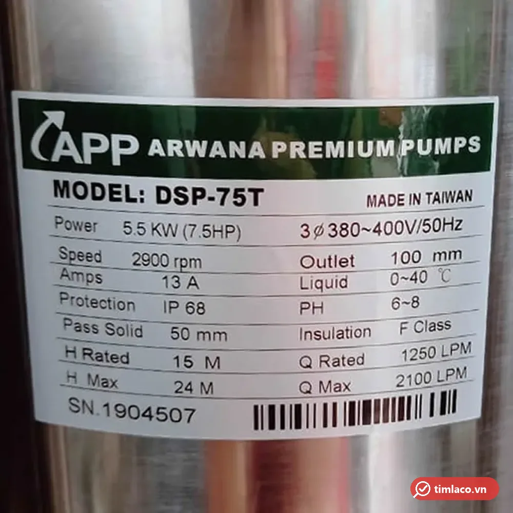 Tem nhãn máy bơm APP DSP-75T: 5,5 kW 7,5HP, 3 pha 380–400V, cột áp tối đa 24 m, lưu lượng tối đa 2.100 lít/phút
