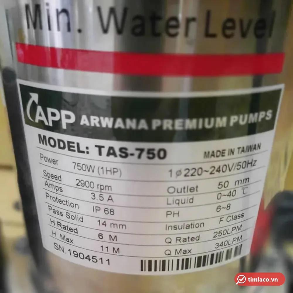 Tem nhãn thông số máy bơm APP TAS-750: 750W, 220–240V, cột áp 6–11 m, lưu lượng 250–340 lít/phút