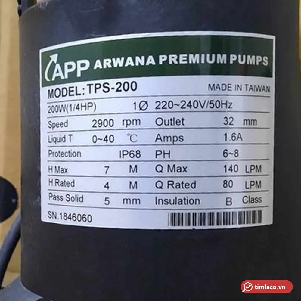 Tem nhãn thông số máy bơm APP TPS-200: 200W, 220–240V, cột áp tối đa 7 m, lưu lượng tối đa 140 lít/phút