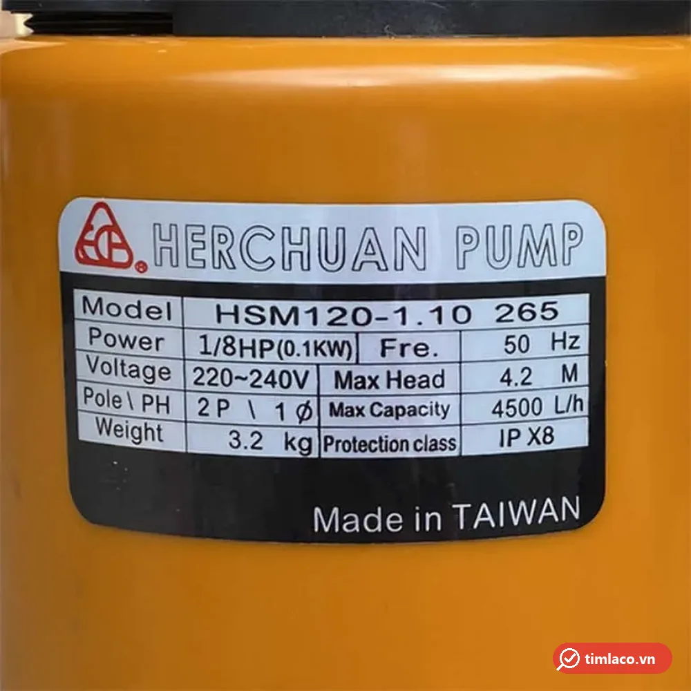 Tem nhãn thông số trên thân máy bơm chìm HSM120-1.10 265: 1/8HP, 220–240V, cột áp 4,2 m, 4500 L/h