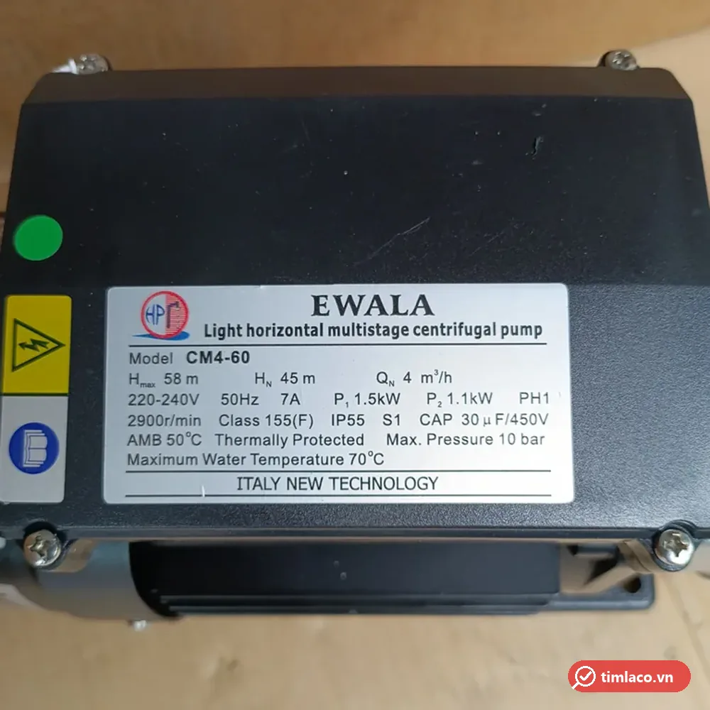 Tem nhãn máy bơm Ewala CM4-60: 1,1 kW, 220–240V, cột áp 45–58 m, lưu lượng 4 m³/h, nước tối đa 70°C
