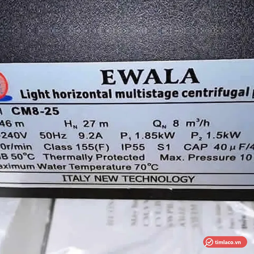 Tem nhãn máy bơm Ewala CM8-25: 1,5 kW, 220–240V, cột áp 27–46 m, lưu lượng 8 m³/h, nước tối đa 70°C