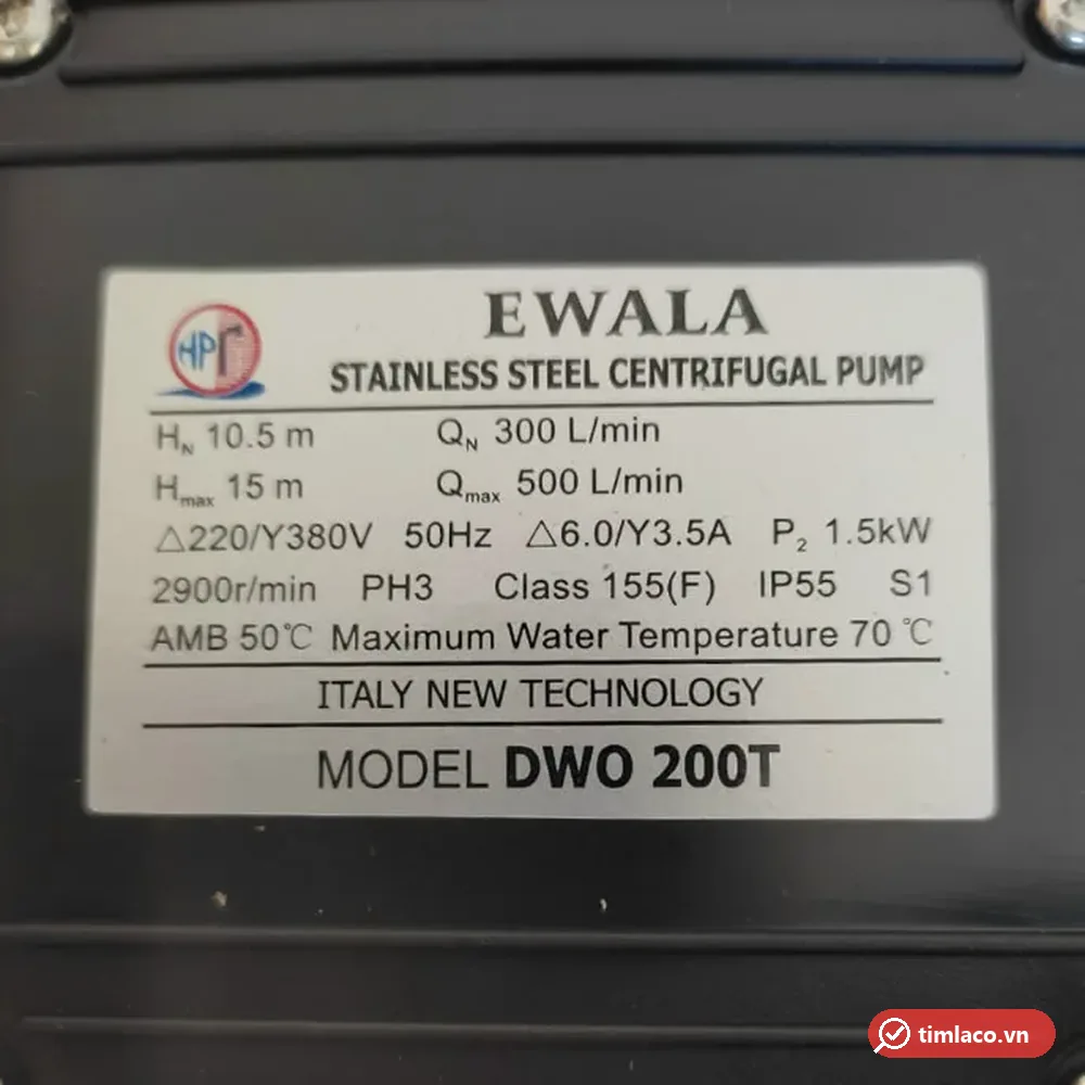 Tem nhãn máy bơm Ewala DWO 200T: 1,5 kW, Δ220/Y380V, cột áp 10,5–15 m, lưu lượng 300–500 lít/phút