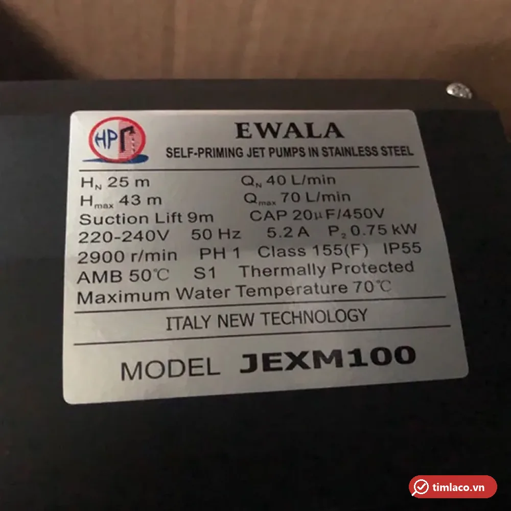 Tem nhãn máy bơm Ewala JEXM100: 0,75 kW, 220–240V, cột áp 25–43 m, lưu lượng 40–70 lít/phút, hút sâu 9 m