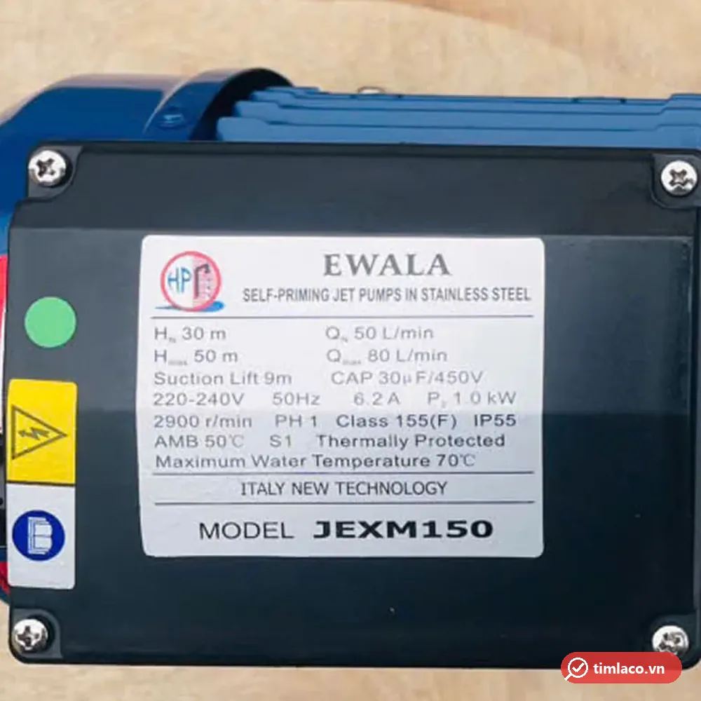 Tem nhãn máy bơm Ewala JEXM150: 1,0 kW, 220–240V, cột áp 30–50 m, lưu lượng 50–80 lít/phút, hút sâu 9 m