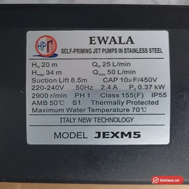 Tem nh&atilde;n m&aacute;y bơm Ewala JEXM5: 0,37 kW, 220&ndash;240V, cột &aacute;p 20&ndash;34 m, lưu lượng 25&ndash;50 l&iacute;t/ph&uacute;t, h&uacute;t s&acirc;u 8,5 m