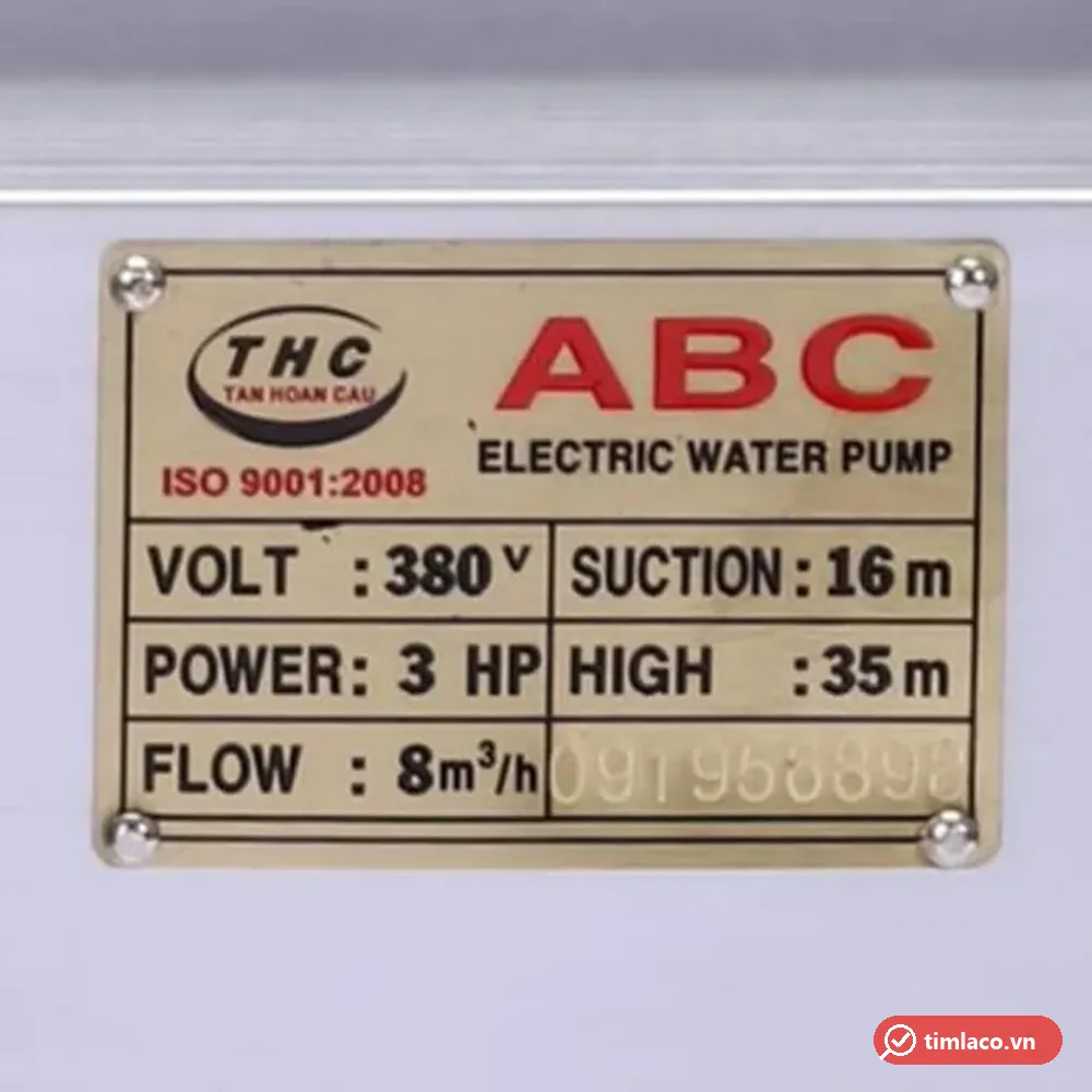 Tem nhãn máy bơm giếng ABC 3HP: 380V, hút sâu 16 m, cột áp 35 m, lưu lượng 8 m³/h