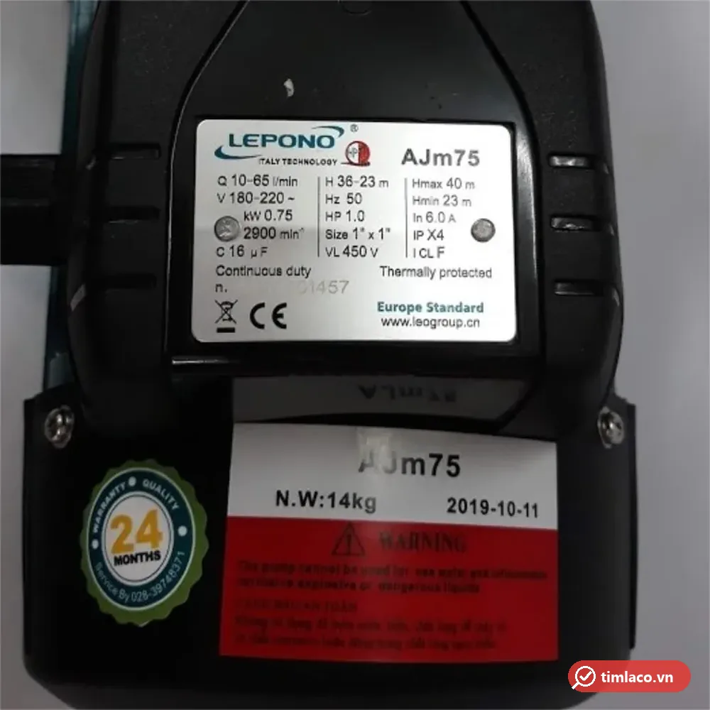 Tem nhãn máy bơm Lepono AJm75 ghi 0,75 kW, 1HP, cột áp 36 – 23 m, lưu lượng 10 – 65 lít/phút