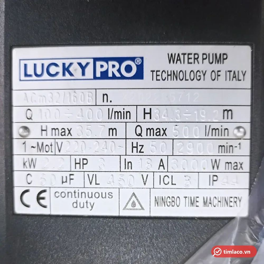 Tem nhãn máy bơm Lucky Pro ACm32/160B: 2,2 kW, 3HP, 220-240V, Hmax 35,7 m, Qmax 500 lít/phút