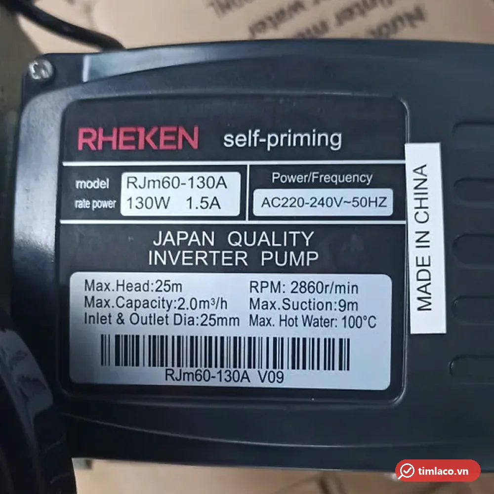 Tem nhãn máy bơm Rheken RJm60-130A: 130W, 220–240V, cột áp 25 m, lưu lượng 2,0 m³/h