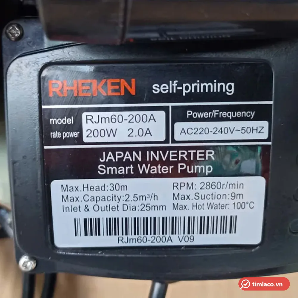 Tem nhãn máy bơm Rheken RJm60-200A: 200W, cột áp 30 m, lưu lượng 2,5 m³/h, nước nóng tới 100°C