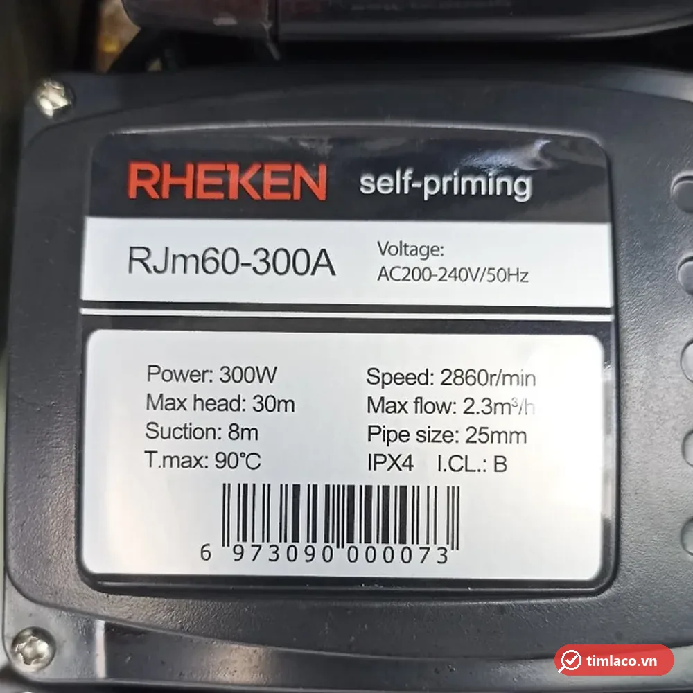 Tem nhãn máy bơm Rheken RJm60-300A: 300W, cột áp 30 m, lưu lượng 2,3 m³/h, nước tối đa 90°C