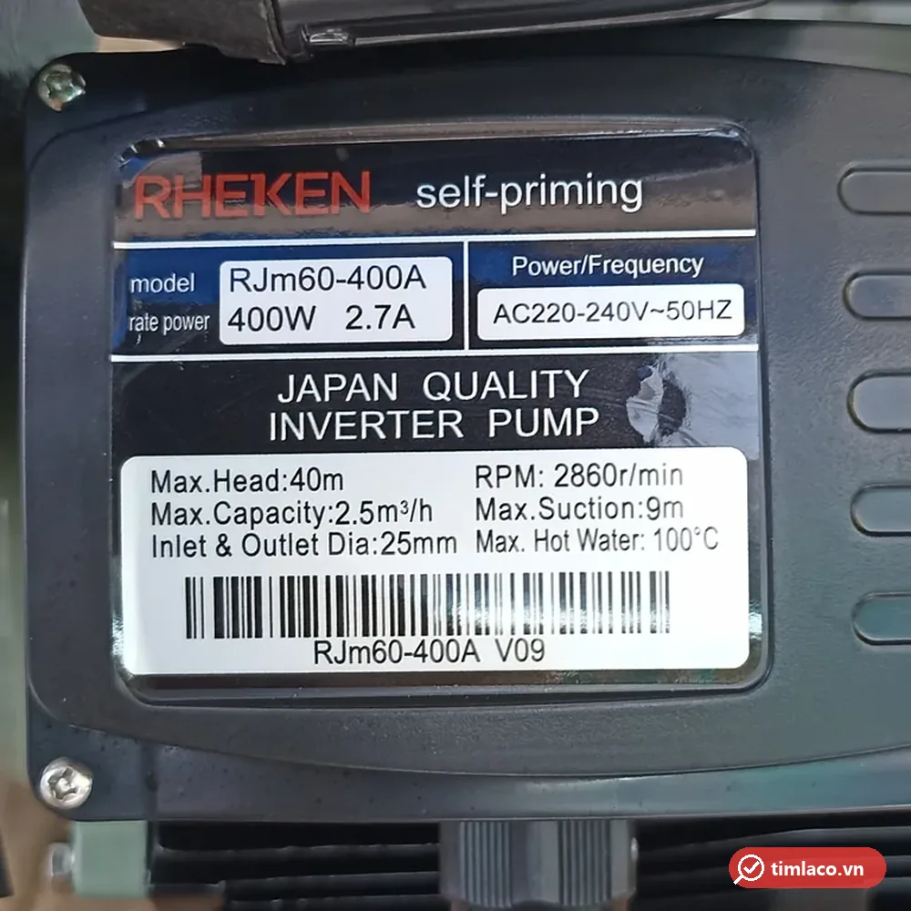 Tem nhãn máy bơm Rheken RJm60-400A: 400W, cột áp 40 m, lưu lượng 2,5 m³/h, nước nóng tới 100°C