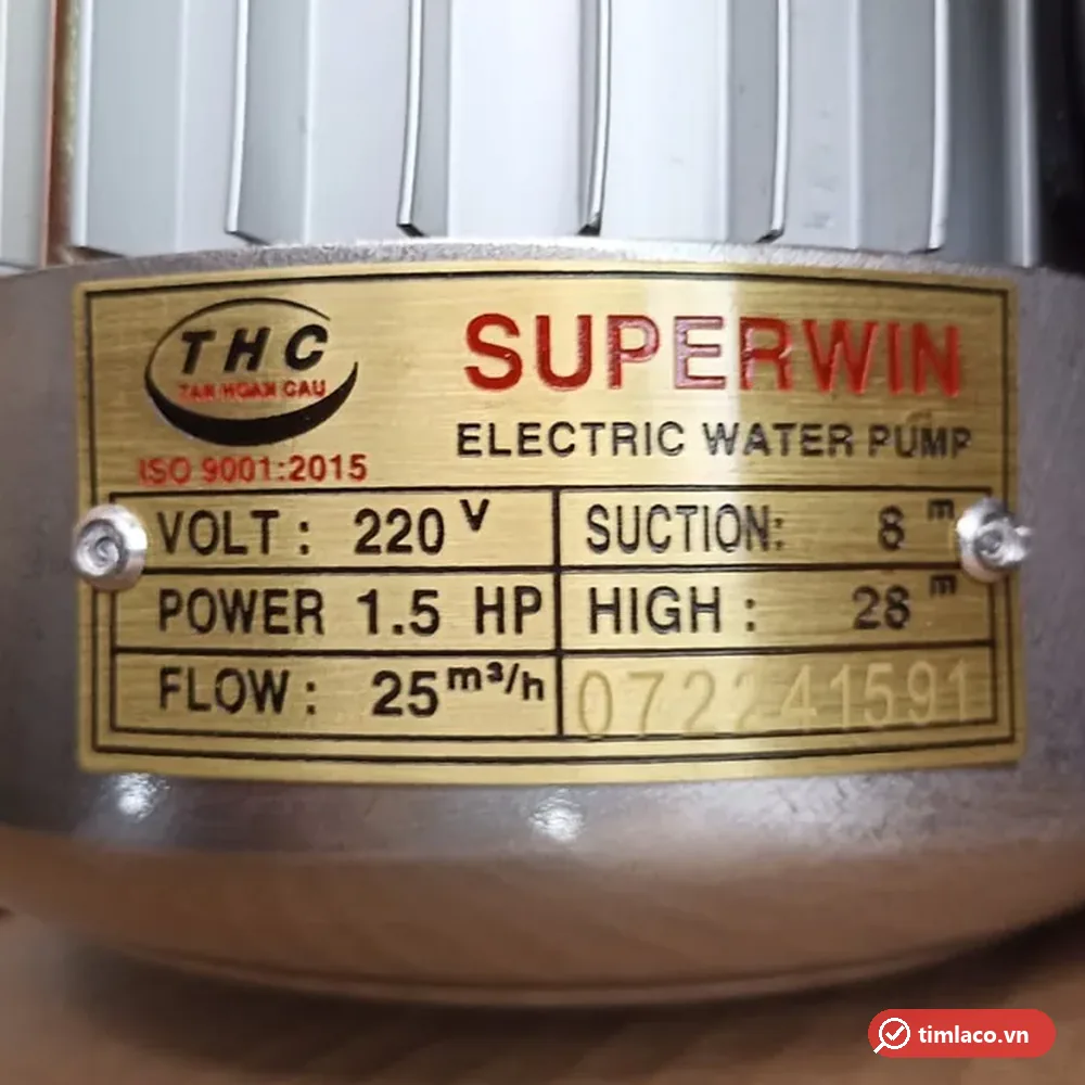 Tem nhãn máy bơm Super Win 1,5HP 220V ghi lưu lượng 25 m³/h, cột áp 28 m