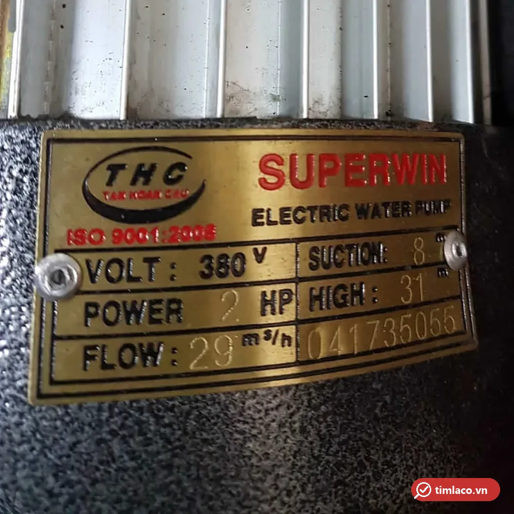 Tem nhãn máy bơm Super Win 2HP 380V ghi lưu lượng 29 m³/h, cột áp 31 m