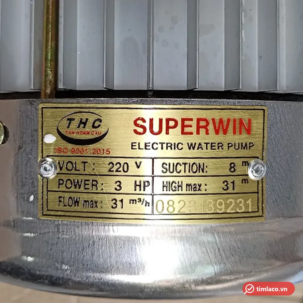 Tem nhãn máy bơm Super Win 3HP: 220V, lưu lượng 31 m³/h, cột áp 31 m, hút sâu 8 m
