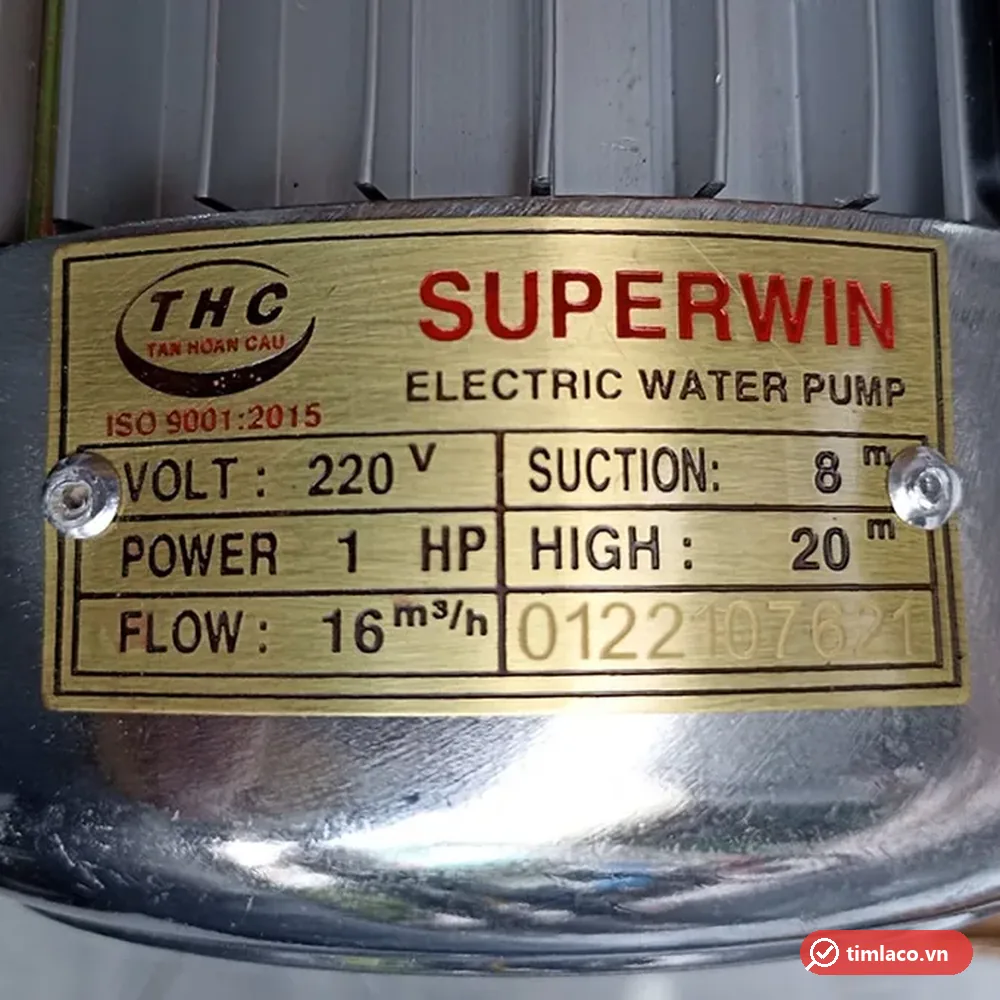Tem nhãn máy bơm Super Win 1HP 220V ghi lưu lượng 16 m³/h, cột áp 20 m