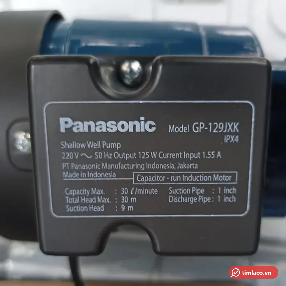 Tem nhãn máy bơm Panasonic GP-129JXK: 125 W, 220 V, lưu lượng tối đa 30 lít/phút, hút sâu 9 m