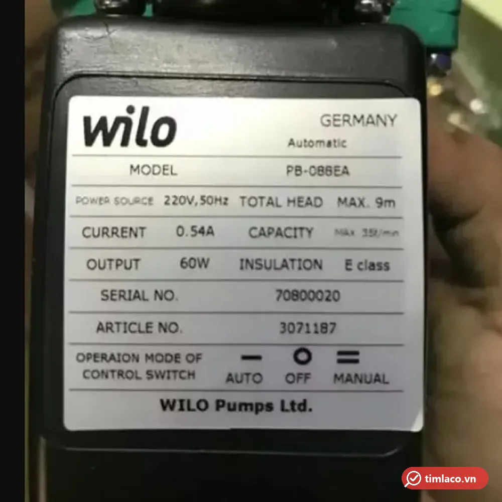 Tem nhãn Wilo PB-088EA: 220V 50Hz, 60W, cột áp tối đa 9 m, lưu lượng tối đa 35 lít/phút