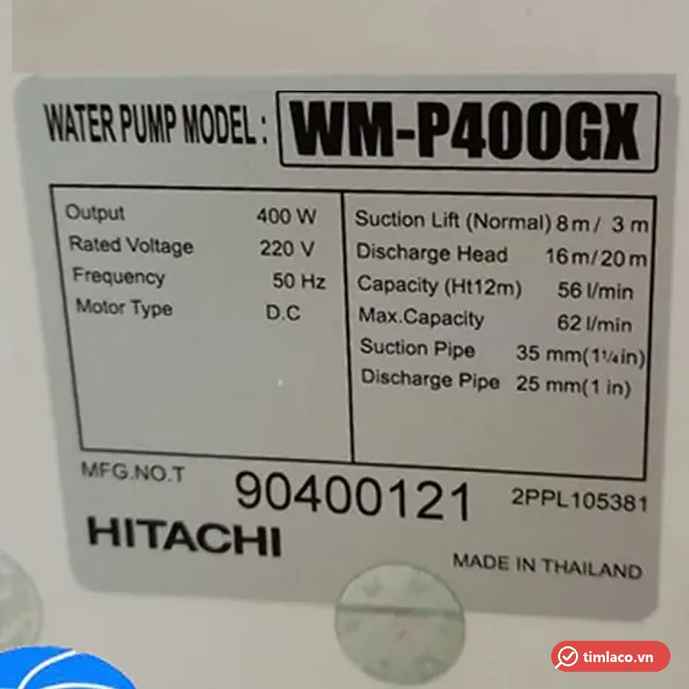 Tem nhãn thông số máy bơm Hitachi WM-P400GX