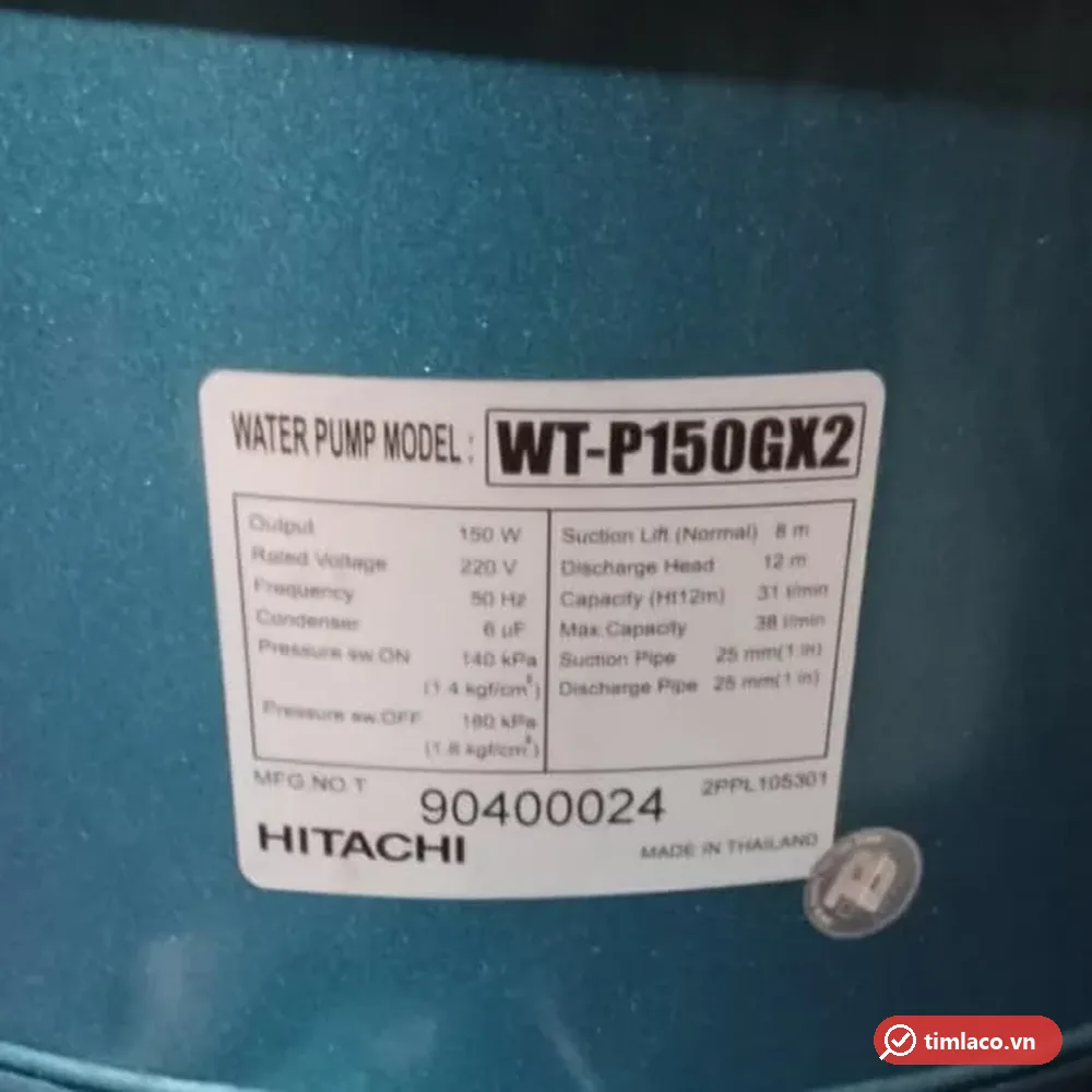 Tem thông số máy bơm Hitachi WT-P150GX2: 150 W, 220 V, 50 Hz, đẩy cao 12 m