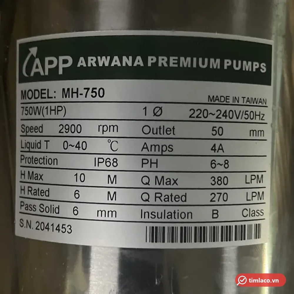 Tem thông số máy bơm APP MH-750: 750W 1HP, 220-240V, cột áp định mức 6 m, lưu lượng 270 lít/phút