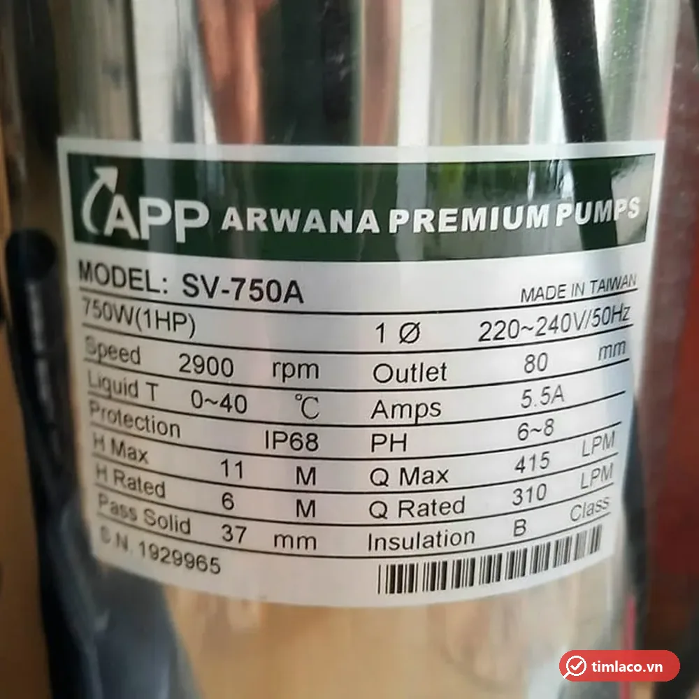 Tem thông số máy bơm APP SV-750A: 750W 1HP, 220-240V, họng 80 mm, cột áp 6 m, lưu lượng 310 lít/phút