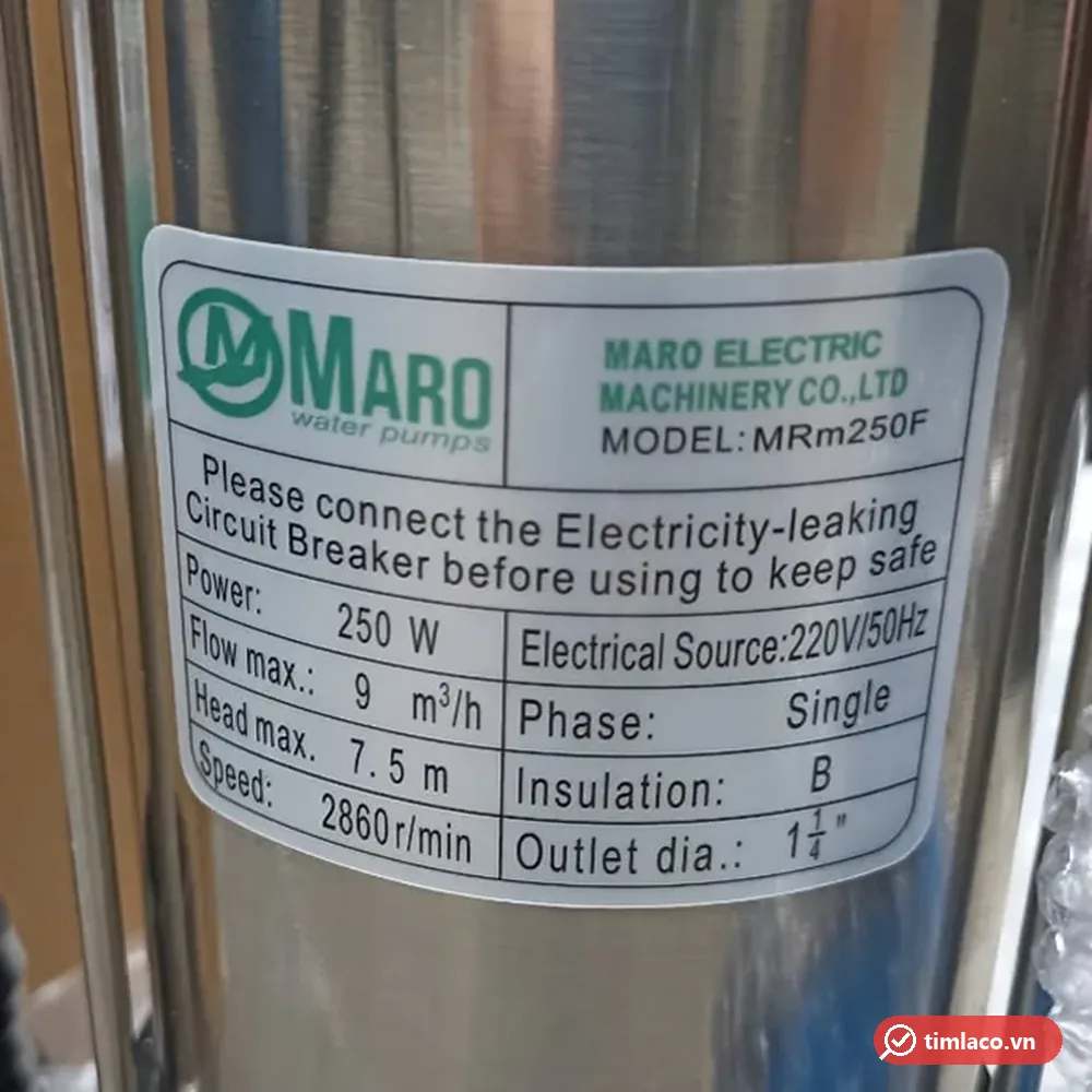 Tem nhãn thông số máy bơm nước thải Maro MRm250F 250W