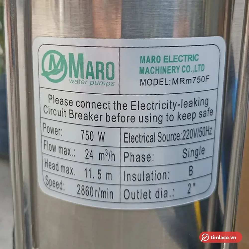 Tem nhãn thông số máy bơm nước thải Maro MRm750F 750W
